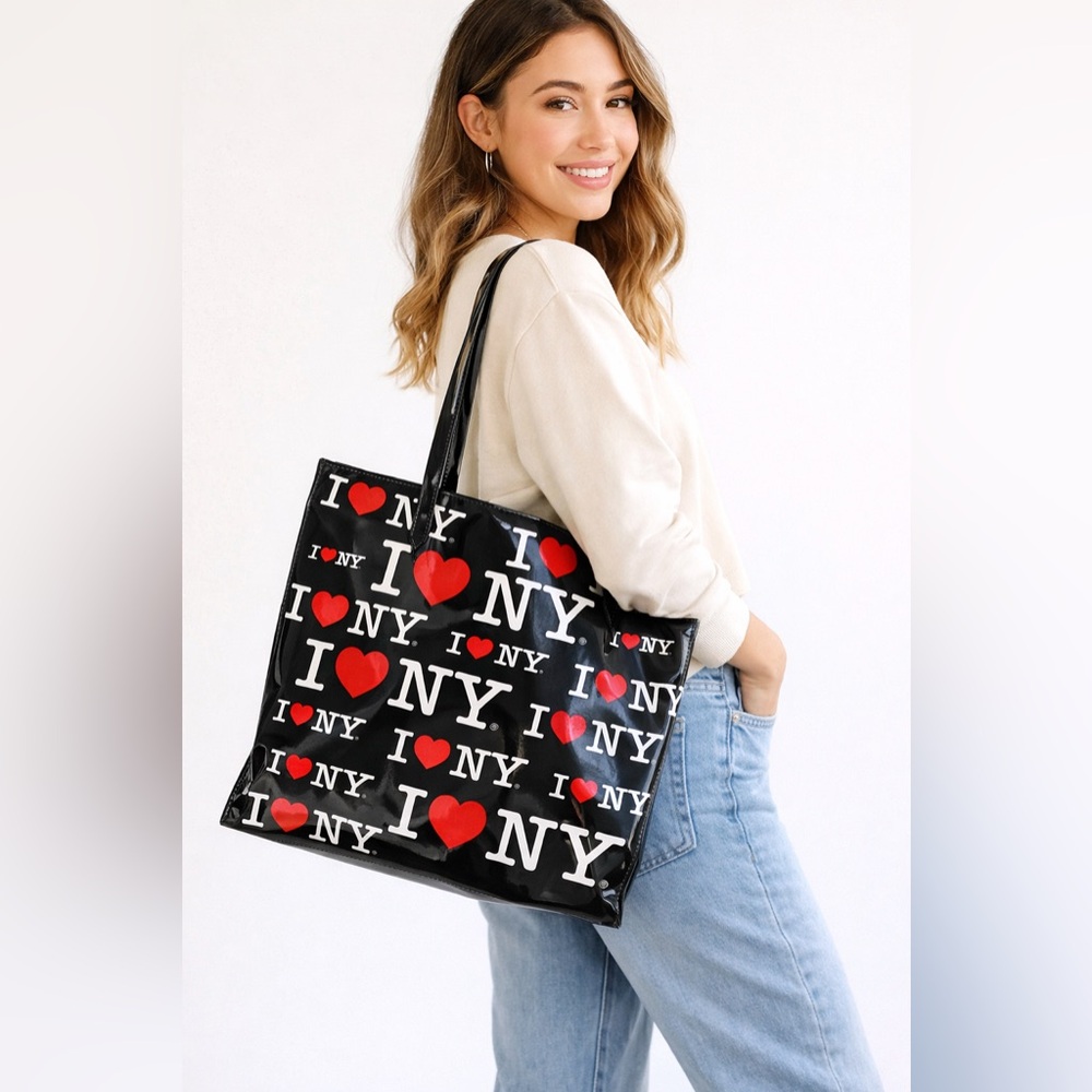 I Love NY Black Patent Tote Bag with Red Hearts